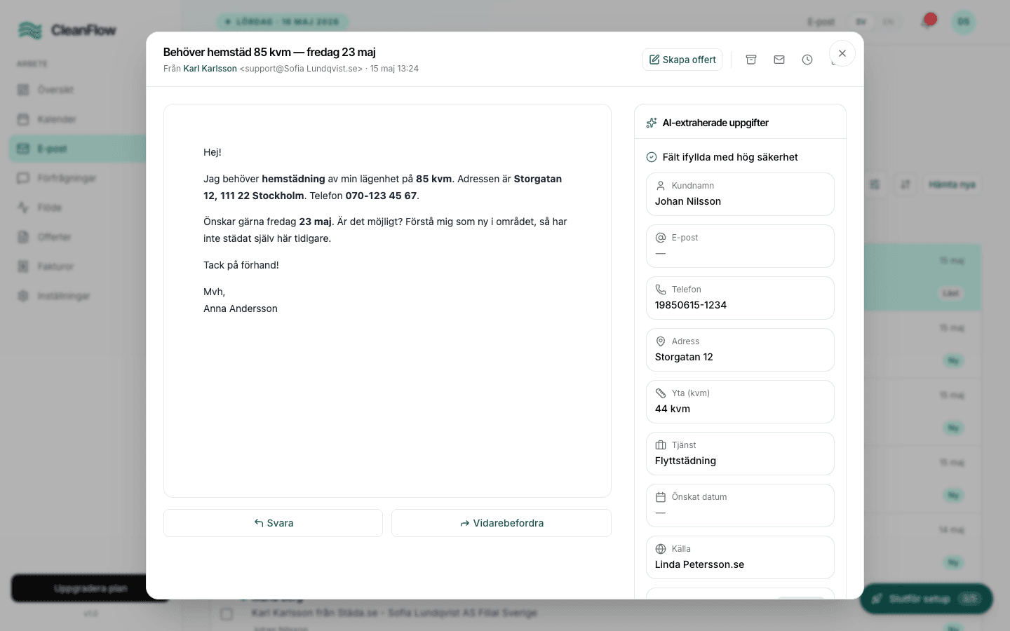 AI har extraherat kunduppgifter och fyllt offerten